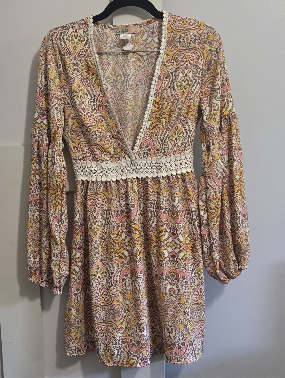Love Squared Pink and Yellow Floral Paisley Long Sleeve Boho Mini Dress